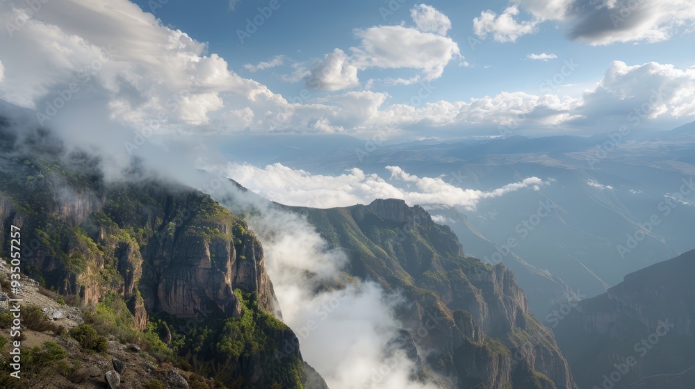 A mountain range view with clouds ascending from its peaks, accompanied by a few trees along the slope A mountain range view with clouds ascending from its peaks, accompanied by a few trees along the slope