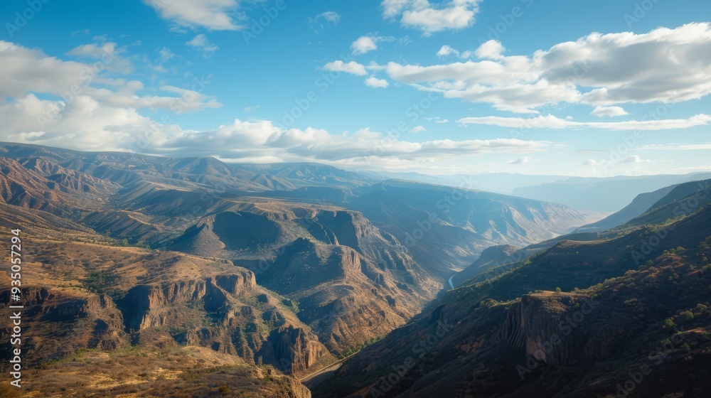 Obraz premium From a lofty vantage point in the valley, behold the distant mountain range