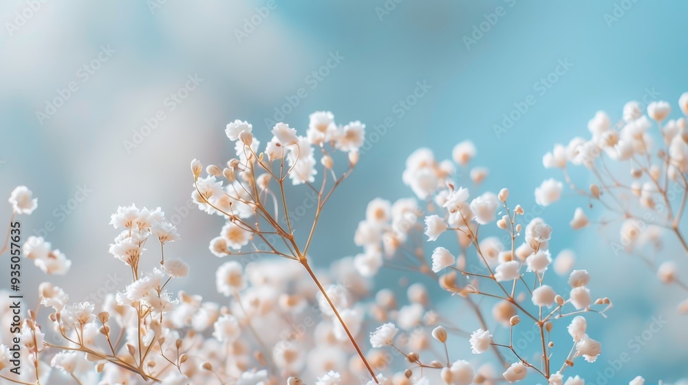 A tablecloth featuring shades of blue, adorned with an arrangement of small, white flowers against it, sits beneath a clear blue sky A tablecloth featuring shades of blue, adorned with an arrangement of small, white flowers against it, sits beneath a clear blue sky