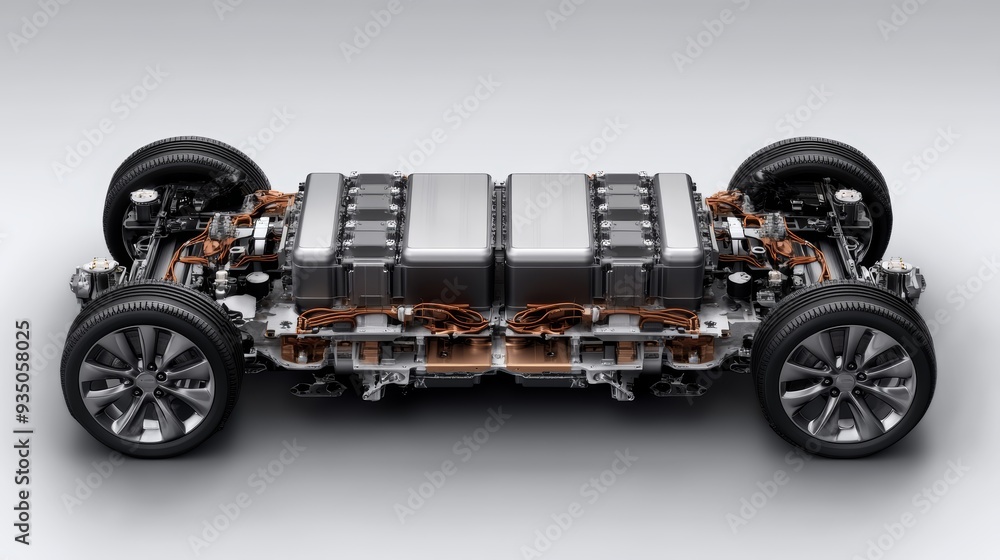 Fototapeta premium High-tech electric vehicle chassis showcasing advanced battery and motor design. Perfect for automotive innovation themes.
