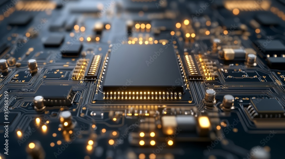 Close-up view of a microchip on a circuit board, showcasing intricate patterns and glowing components. Close-up view of a microchip on a circuit board, showcasing intricate patterns and glowing components.