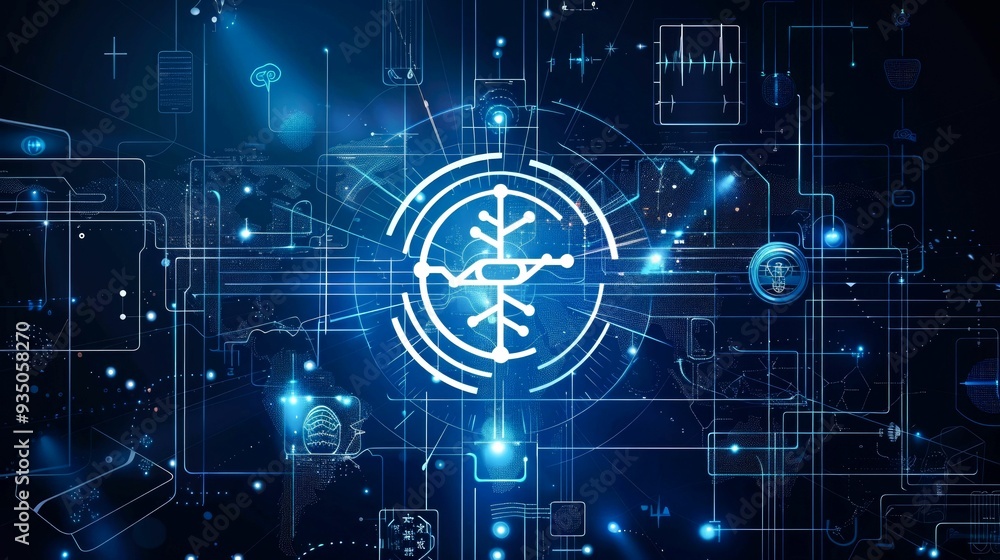 Fototapeta premium Abstract digital network with a snowflake icon in the center