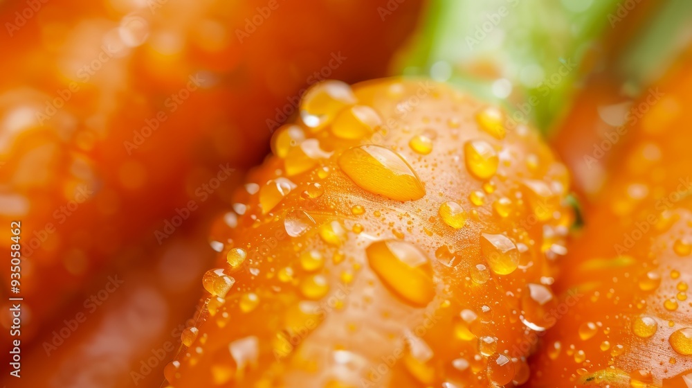  A tight shot of multiple carrots, each adorned with a water droplet at their peaks