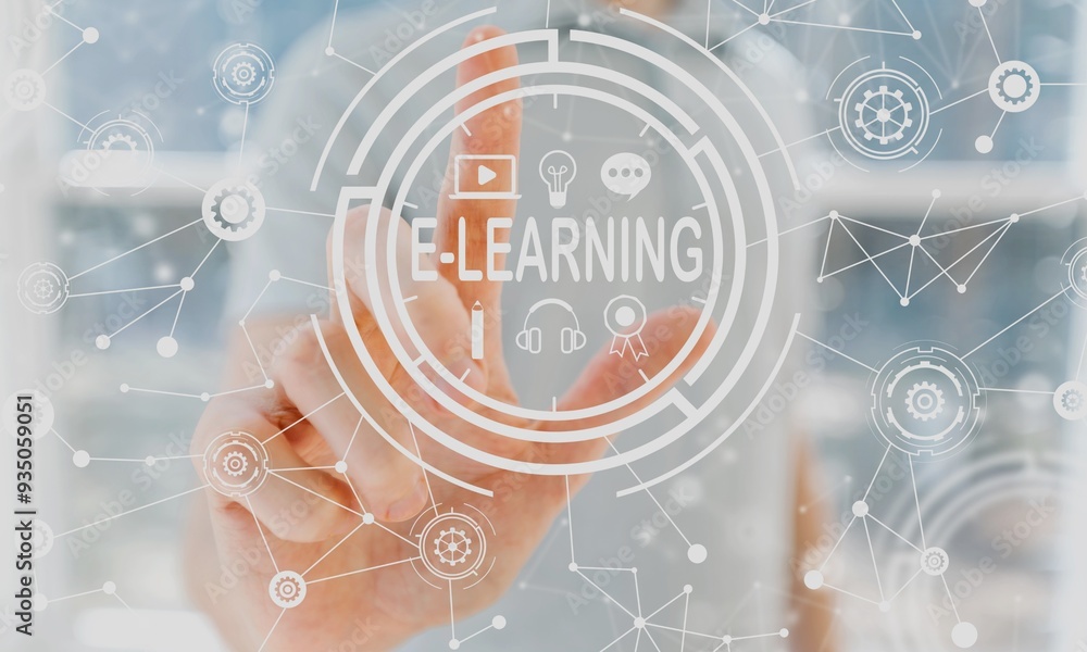E-Learning Concept - Futuristic Interface with a Hand-Touching Digital ...