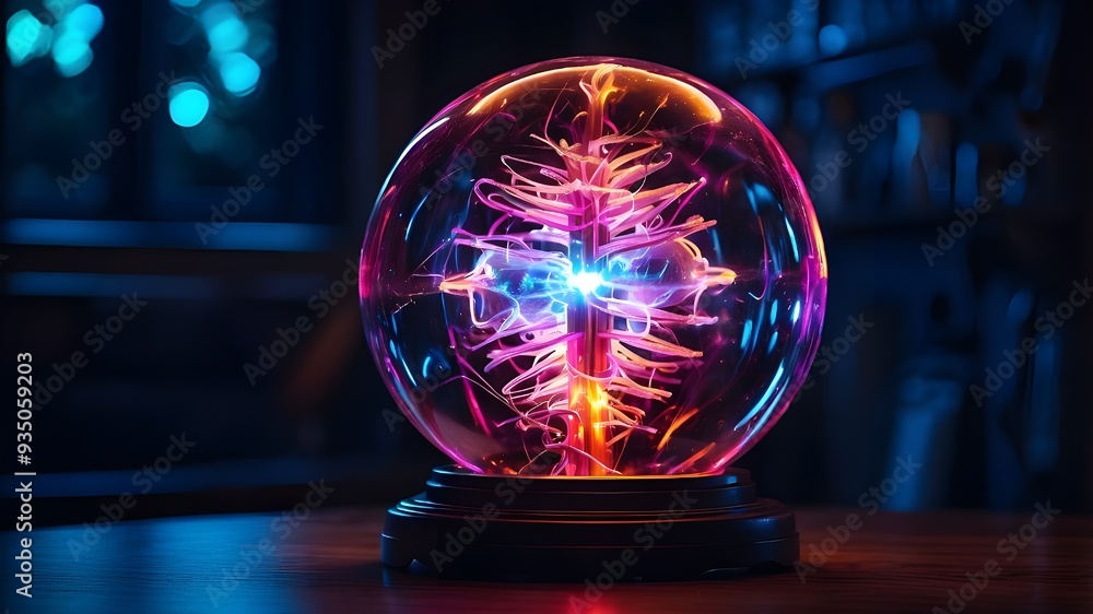 A detailed image of a glowing plasma ball with electrical currents dancing inside, captured in a darkened room to highlight the vibrant colors and energy. A detailed image of a glowing plasma ball with electrical currents dancing inside, captured in a darkened room to highlight the vibrant colors and energy.