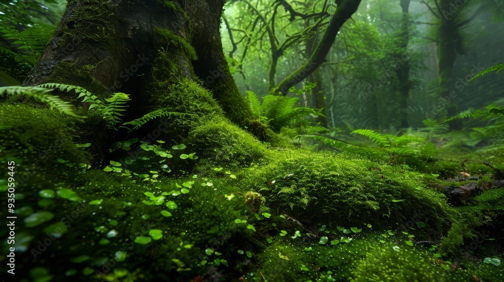 A verdant forest teems with moss covering the forest floor, encircled by a towering tree trunk at its heart A verdant forest teems with moss covering the forest floor, encircled by a towering tree trunk at its heart
