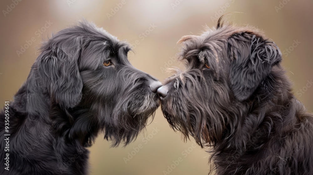 A pair of dogs stand beside one another The brown and black dog rests its head on the other dog's snout A pair of dogs stand beside one another The brown and black dog rests its head on the other dog's snout