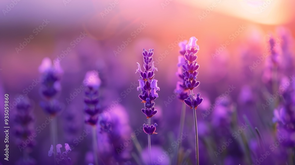 A field of lavender flowers with the sun breaking through clouded background A field of lavender flowers with the sun breaking through clouded background