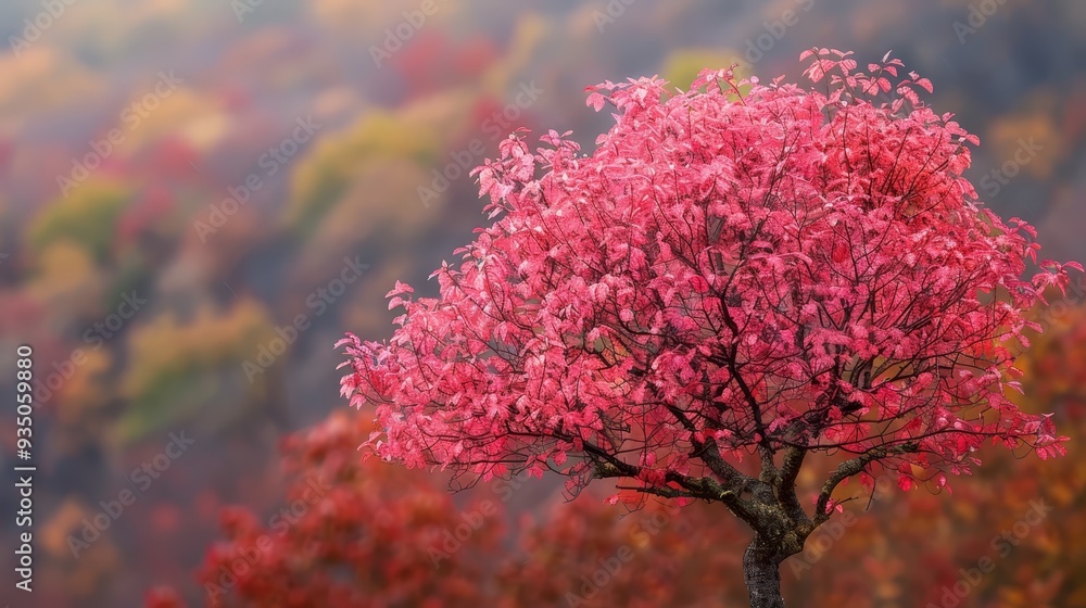  A tree bearing red leaves stands prominently in the foreground, while a mountain and a softly blurred sky are depicted in the background