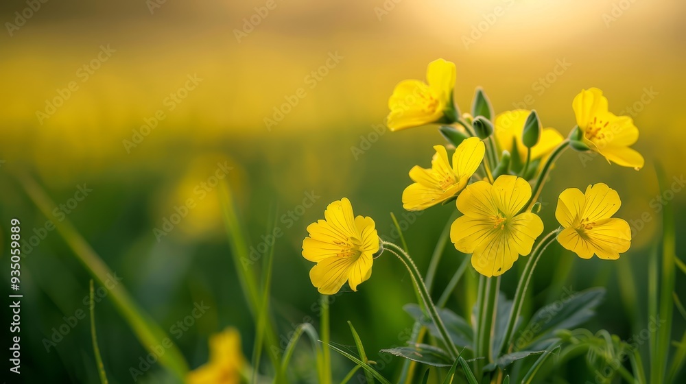 Fototapeta premium A tight shot of a mass of yellow blooms in a field, sun illuminating behind drifting clouds