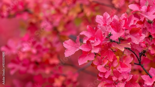  A tight shot of a tree branch filled with pink blooms, backed by indistinct red and yellow foliage photo