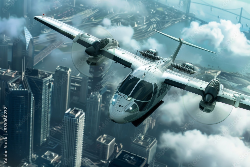 A modern flying car navigates a rainy street, highlighting innovative design and futuristic transportation in a bustling city, A vertical take-off and landing aircraft providing A modern flying car navigates a rainy street, highlighting innovative design and futuristic transportation in a bustling city, A vertical take-off and landing aircraft providing
