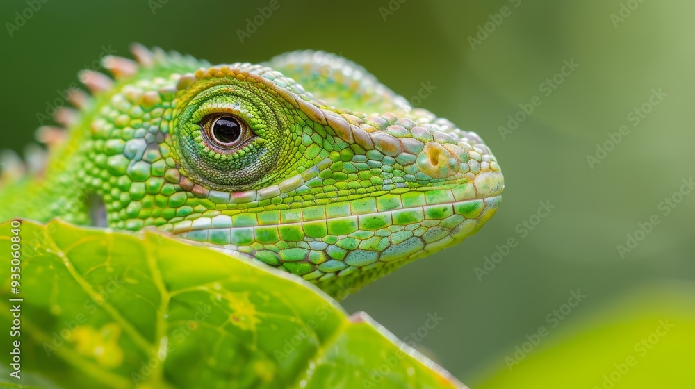 A tight shot of a green chameleon perched on a branch, a nearby leaf prominent in the foreground, background softly blurred A tight shot of a green chameleon perched on a branch, a nearby leaf prominent in the foreground, background softly blurred