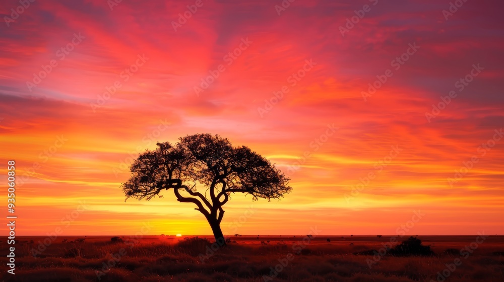 A solitary tree in a field, sun setting behind, clouded sky A solitary tree in a field, sun setting behind, clouded sky