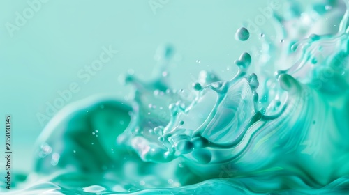  A tight shot of a blue-green liquid, topped and bottomed by water splashes photo