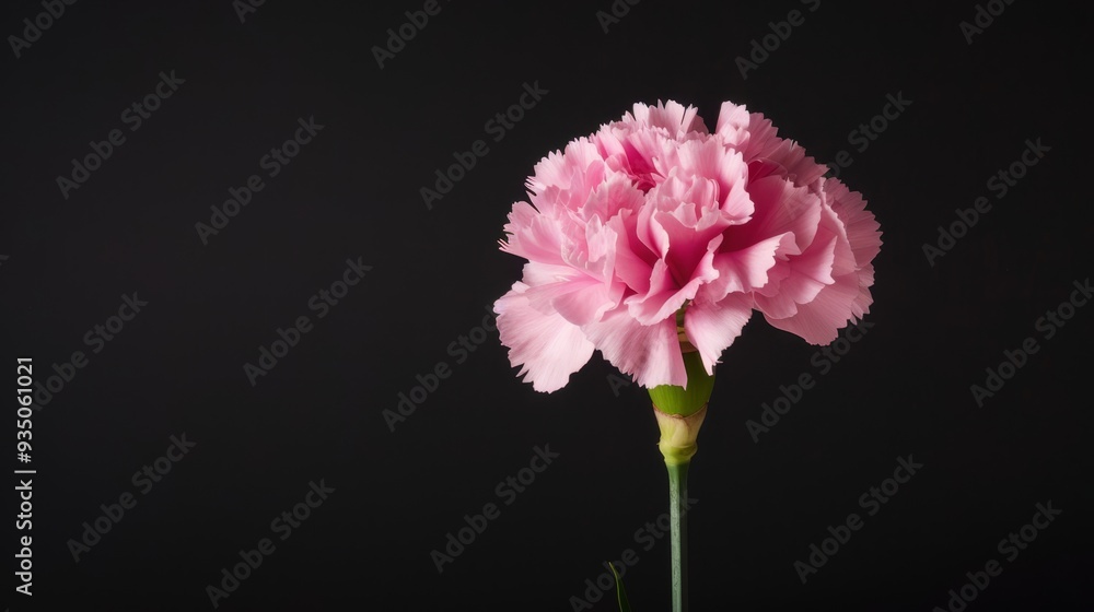 A pink carnation against black backdrop, closely framed in a vase Green stem prominent in the foreground A pink carnation against black backdrop, closely framed in a vase Green stem prominent in the foreground