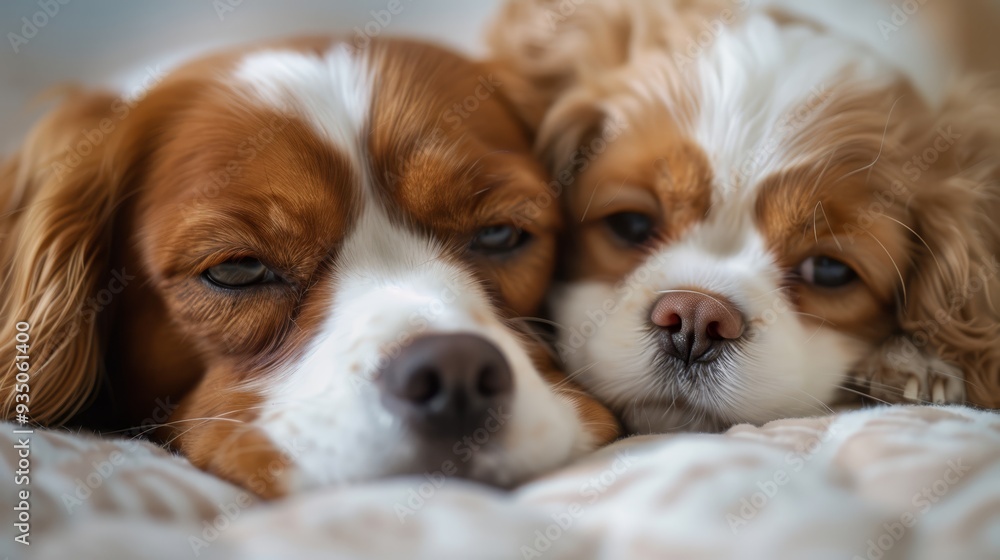 Two brown and white dogs rest together on a white blanket atop a bed Two brown and white dogs rest together on a white blanket atop a bed