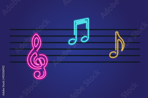 Neon glowing icon of colorful musical notes. Vector illustration of music note consisting of neon outlines. Music concept illustration for poster, flyer or banner design.