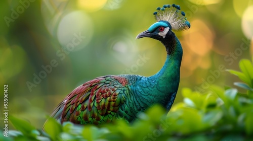  A peacock up-close in a tree against a softly blurred background of leaves