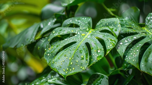 Wet Monstera deliciosa plant leaves in a garden , ai