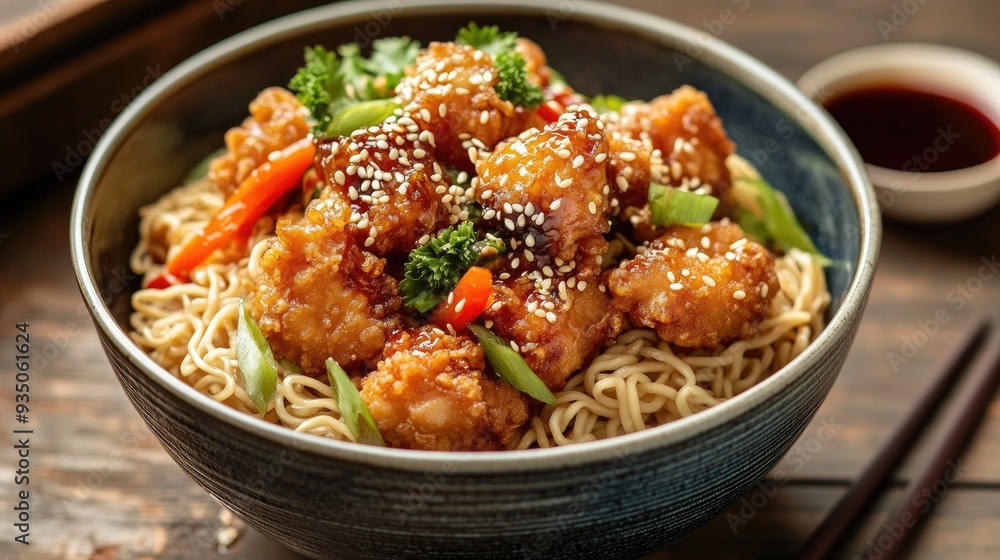 A bowl of noodles with chicken, vegetables, sesame seeds, and a sauce. A bowl of noodles with chicken, vegetables, sesame seeds, and a sauce.