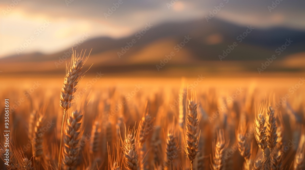 A close-up of a wheat field with a mountain in the distance The foreground features a blurred image of wheat A close-up of a wheat field with a mountain in the distance The foreground features a blurred image of wheat