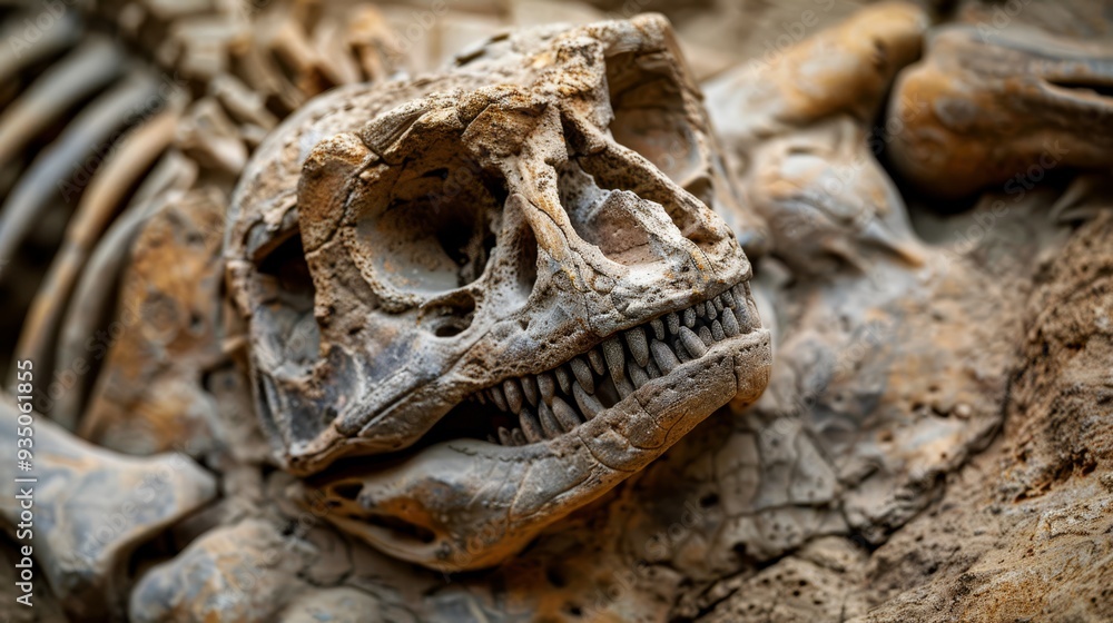 A skeletal dinosaur up-close on rock, hammer in beak A skeletal dinosaur up-close on rock, hammer in beak
