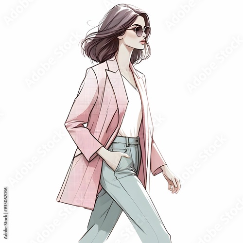 パステルカラーのモダンなイラストスタイルで描かれた女性の全身像。女性はライトピンクのジャケットと白いトップス、ライトブルーのパンツを着用し、サングラスをかけています。歩いている動きのあるポーズが特徴的で、全体的に軽やかでスタイリッシュな印象を与えます。髪は自然に流れるようなスタイルで描かれています。