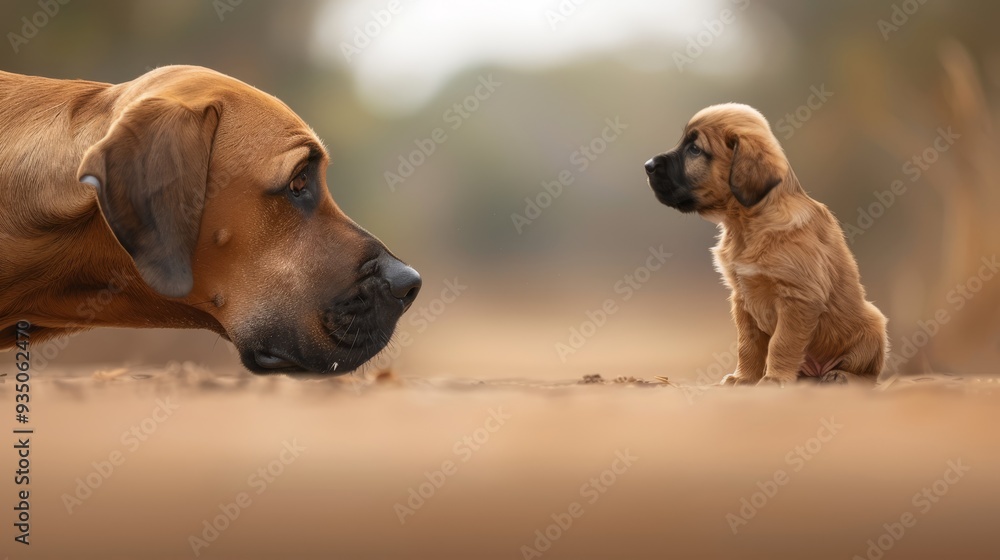 A large, brown dog stands next to a smaller one on a dry grass field dotted with trees in the background A large, brown dog stands next to a smaller one on a dry grass field dotted with trees in the background
