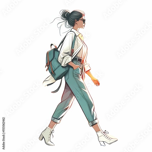 パステルカラーのモダンなイラストスタイルで描かれた女性の全身像。髪をまとめたアップスタイルでサングラスをかけカジュアルな服装で歩いている。シャツとロールアップされたパンツそしてバックパックを背負い、白いブーツを履いている。全体的にリラックスしたスタイルでアクティブで都会的な雰囲気を醸し出している。