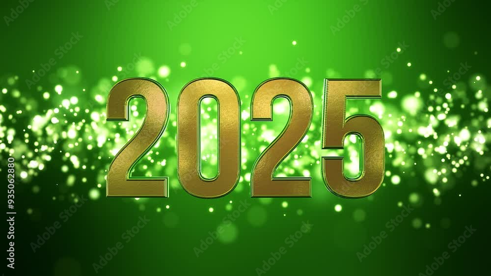 Video animation of golden light shine particles bokeh over green background and the numbers 2025 in gold - represents the new year - vacation concept. Video animation of golden light shine particles bokeh over green background and the numbers 2025 in gold - represents the new year - vacation concept.