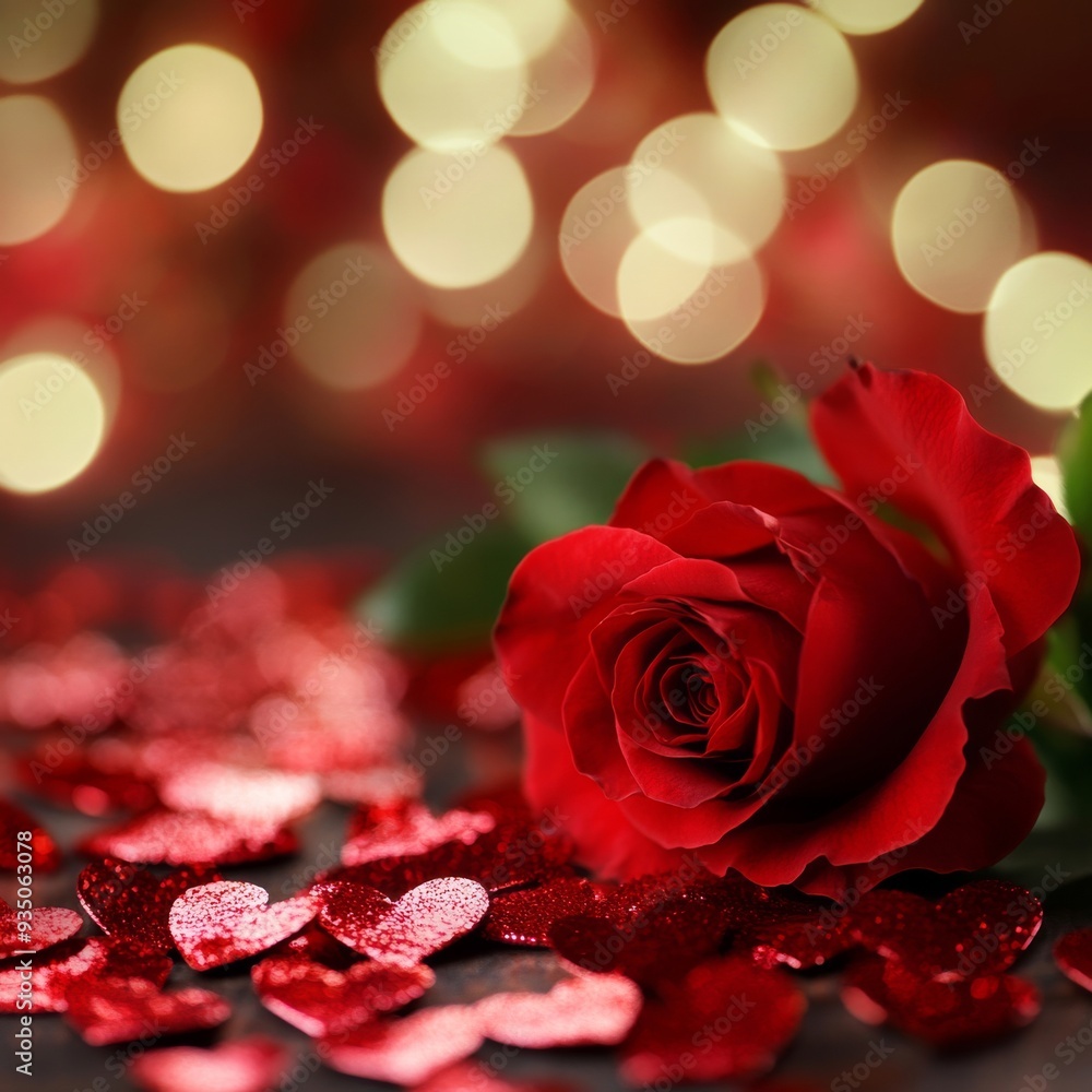 A single red rose with small hears and blurred sparkling background. A single red rose with small hears and blurred sparkling background.