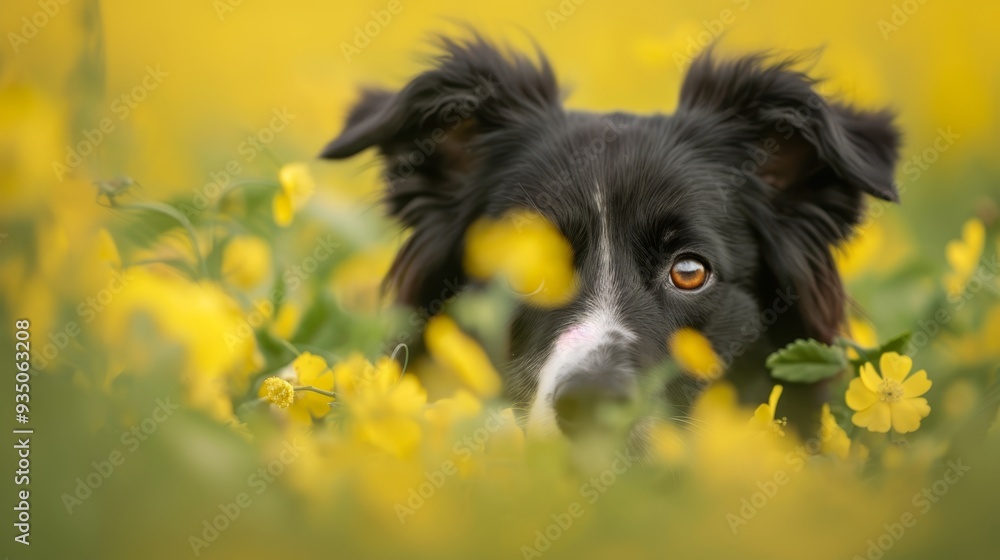A sad-looking black and white dog gazes at the camera among yellow flower blooms A sad-looking black and white dog gazes at the camera among yellow flower blooms