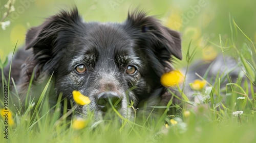  A tight shot of a dog resting in a lush grassy field, a yellow flower hovering near his face