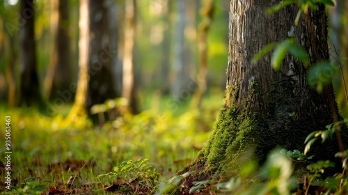  A solitary tree in the forest, its trunk encrusted with moss, leaves scattered at its base