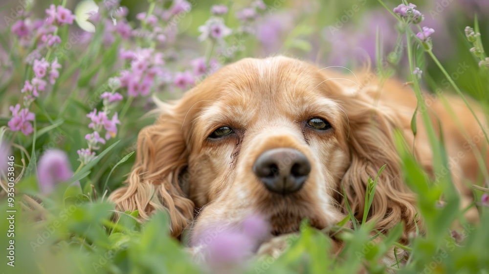 A tight shot of a dog reclining in a flower field, with purple blooms in the foreground and a softly blurred background A tight shot of a dog reclining in a flower field, with purple blooms in the foreground and a softly blurred background