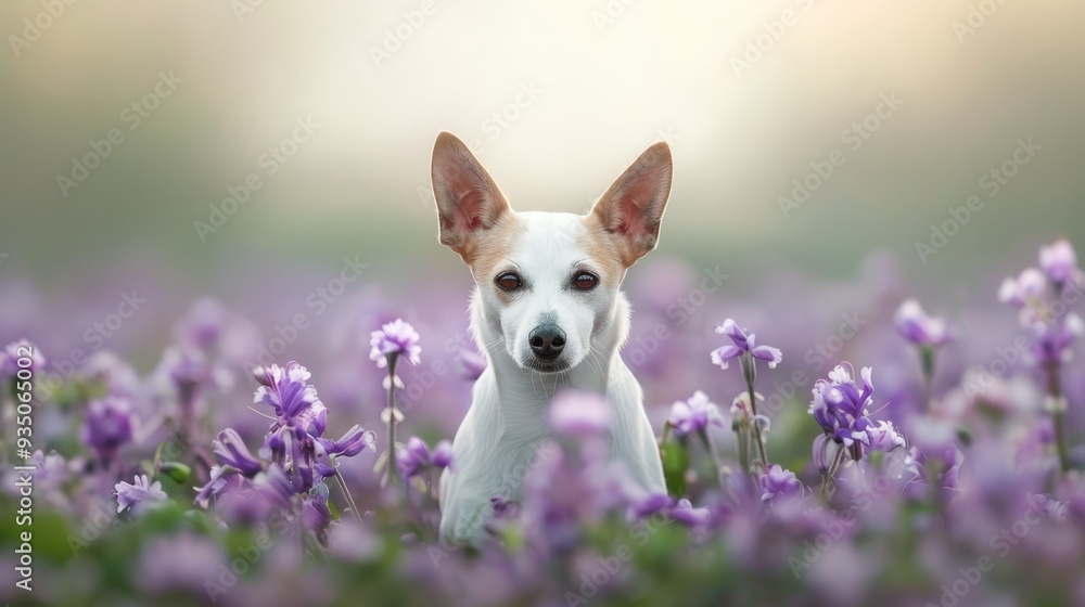 A white and brown dog stands in a field of purple flowers, basking in the sunlight as it shines on its face A white and brown dog stands in a field of purple flowers, basking in the sunlight as it shines on its face