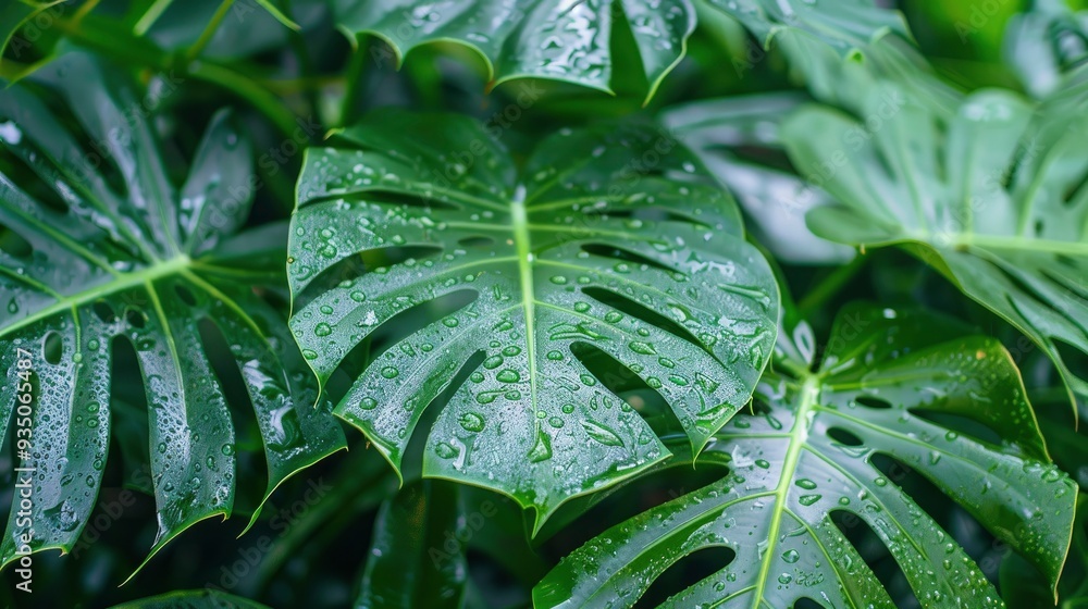 Obraz premium Wet Monstera deliciosa plant leaves in a garden , ai