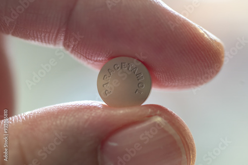 Tableau sur toile Fingers holding paracetamol medicine tablet - close up