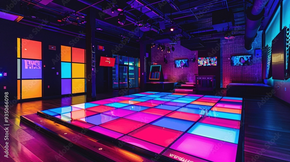 Vibrant, high-energy dance studio featuring glowing illuminated floor panels. Vibrant, high-energy dance studio featuring glowing illuminated floor panels.