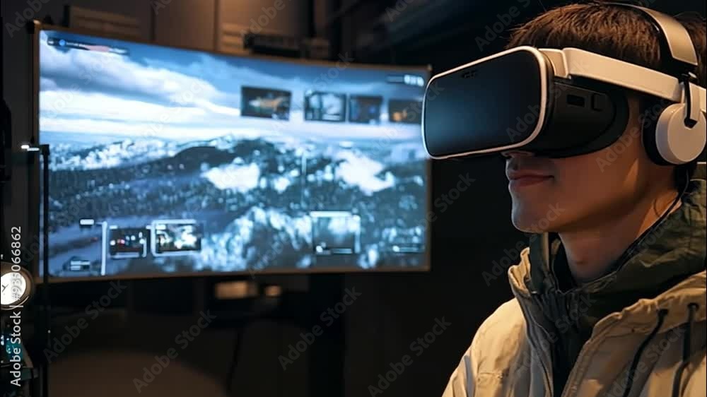 Young Man Immersed in Virtual Reality Gaming Experience Young Man Immersed in Virtual Reality Gaming Experience