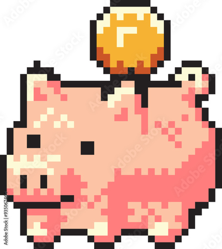 Pixel art piggy bank with gold coin retro illustration. Saving money concept. Pixelated illustration of pink pig with golden coin.