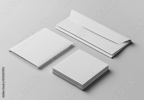 Set of white blank business cards and envelopes mockup on a grey background. Created with Ai