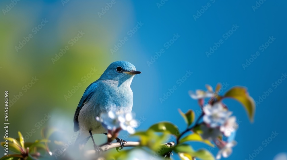 Fototapeta premium A blue bird perches on a tree branch, surrounded by white flowers in the foreground Behind it, a tranquil blue sky extends