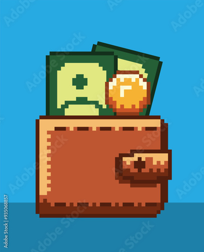 Abstract pixel art wallet with banknotes and coins. Retro 8bit game icon of money and wallet illustration.