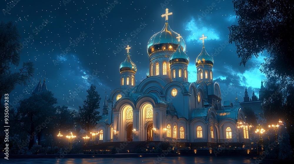A beautiful white church with golden domes stands illuminated against a dark night sky, with a few trees surrounding it. A beautiful white church with golden domes stands illuminated against a dark night sky, with a few trees surrounding it.