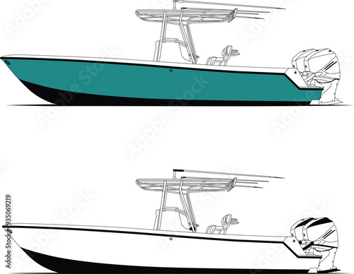 Side view fishing boat vector line art illustration t-shirt and printable on various materials.