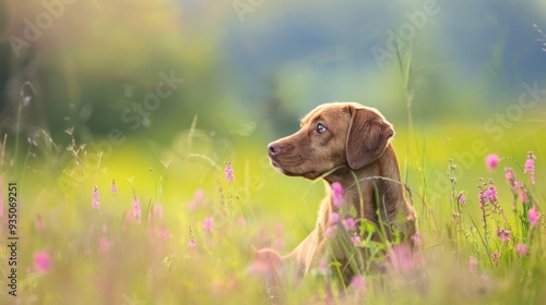  A brown dog sits in a field of green grass dotted with pink flowers Behind it, a blue sky stretches out