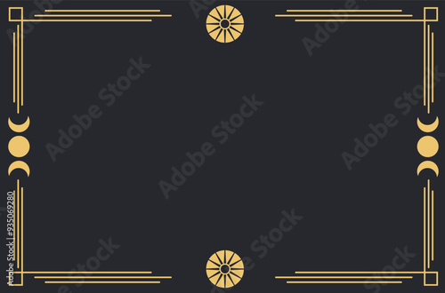 Minimal golden line art frame with rectangle borders. Vector decorative element, modern line art geometric frame with outline rectangular borders and minimalist boho ornaments.