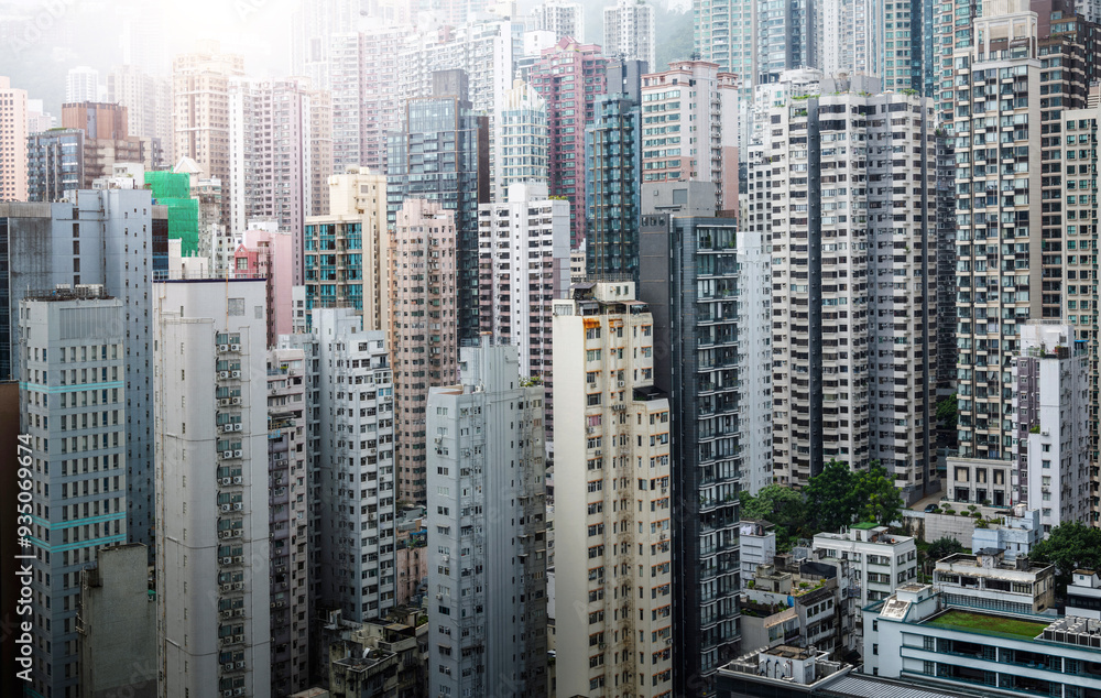 Fototapeta Crowded residential buildings in Hong Kong
